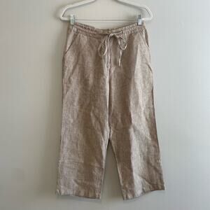 Pure Collection Size 12 Brown 100% Linen Capri Pants Drawstring Waist Pockets